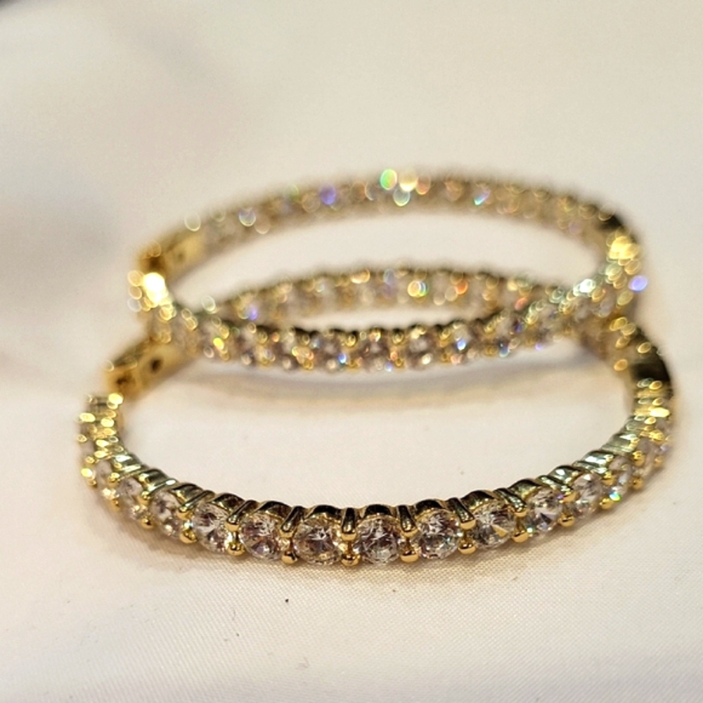 Glamorous Gold and Silver Hoop Earrings with Sparkling Stones - Picture 2 of 3